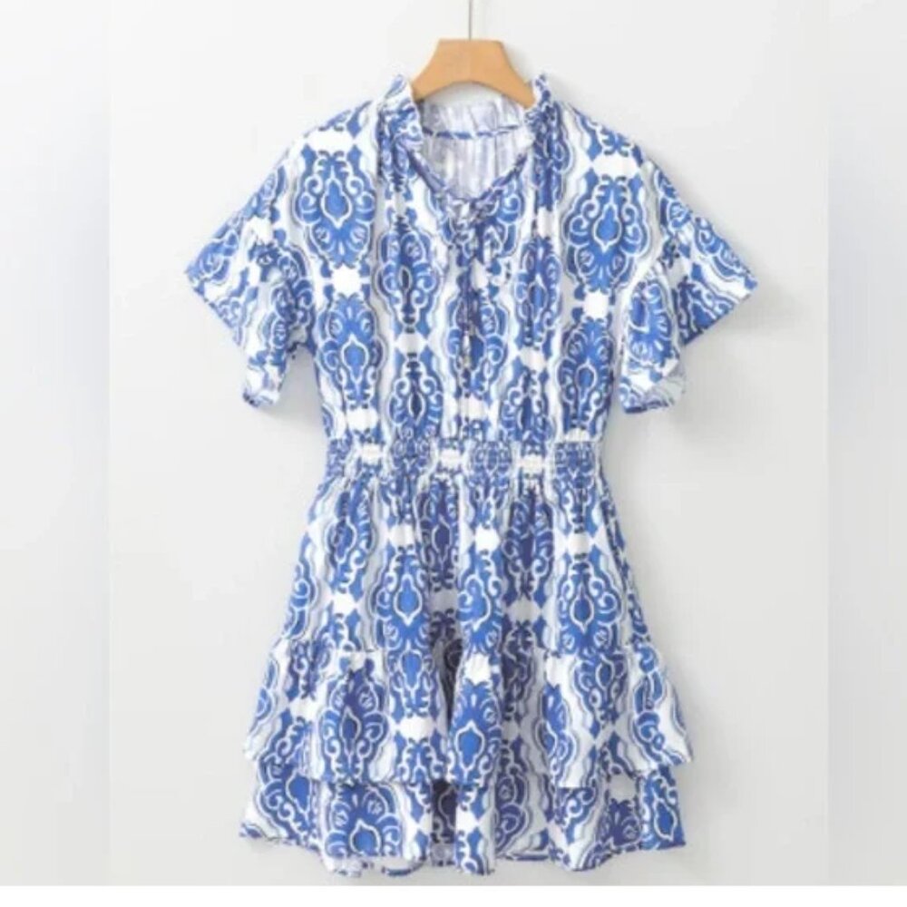Blue Patterned Ruffle Mini Dress - Picture 2 of 6